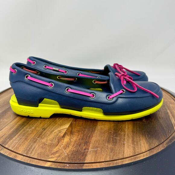 Crocs Women's Beach Line Boat Shoes Blue/Yellow/Pink Size 8 - Picture 1 of 8